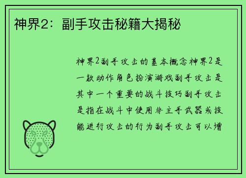 神界2：副手攻击秘籍大揭秘